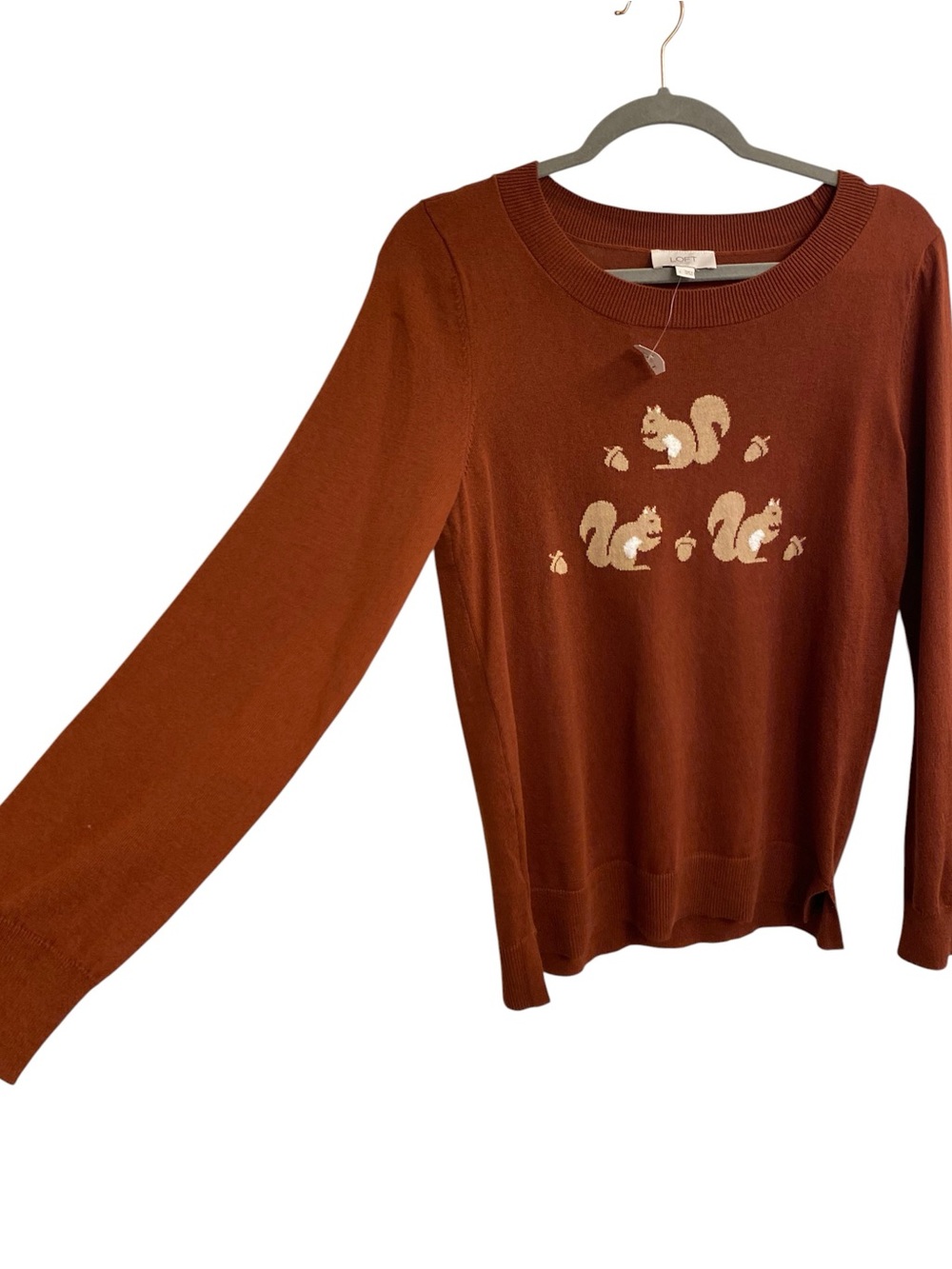 LOFT PERFECT FALL SWEATER Rust Crewneck Sweater Squirrels Motif Large NWT NATURE - Picture 10 of 16